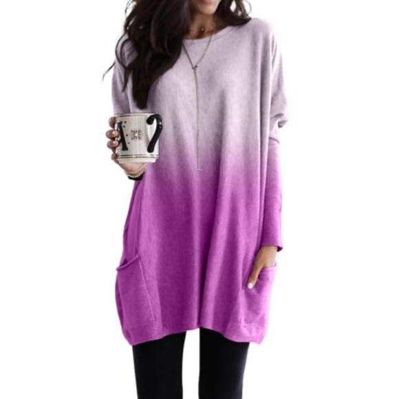 Pink Color Block Ombré Sweater with Pockets - Picture 2 of 7